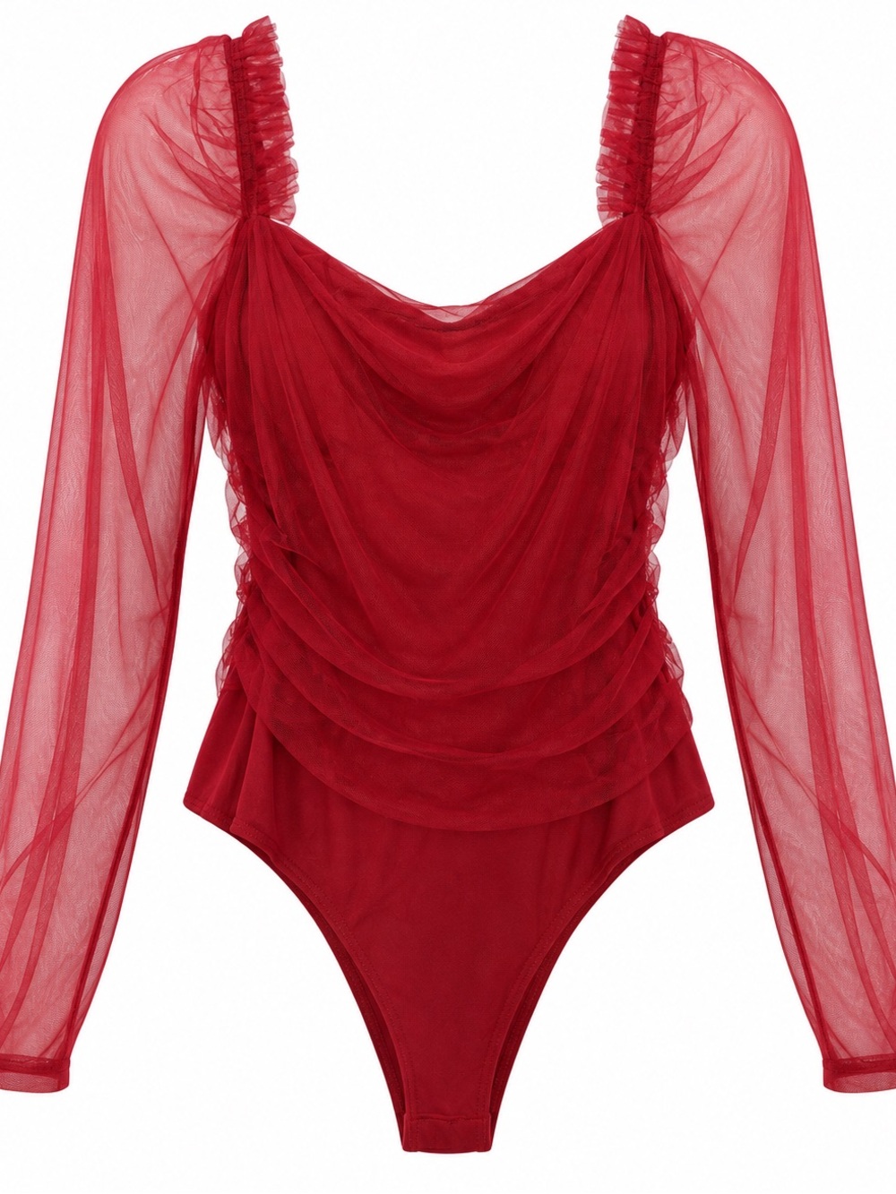 Lulus Dare To Be You Burgundy Tulle Ruched Long Sleeve Bodysuit XL